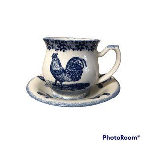 Moorland Chelsie Works Cup Saucer Rooster Cock Hen Blue White